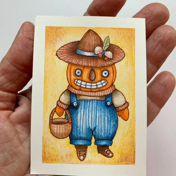 OOAK Vintage Halloween Pumpkin Harvest ACEO ATC Original Art Card - Picture 2 of 5